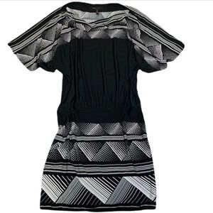 BCBGMaxAzria Boat Neck Dress Drop Waist  Stretch Sz M Black Gray White #243
